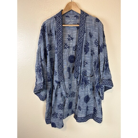 Kyla Seo S Kimono Top Blouse Blue Floral Embroidered Cover Up Kaftan Boho Hippie - Picture 1 of 3